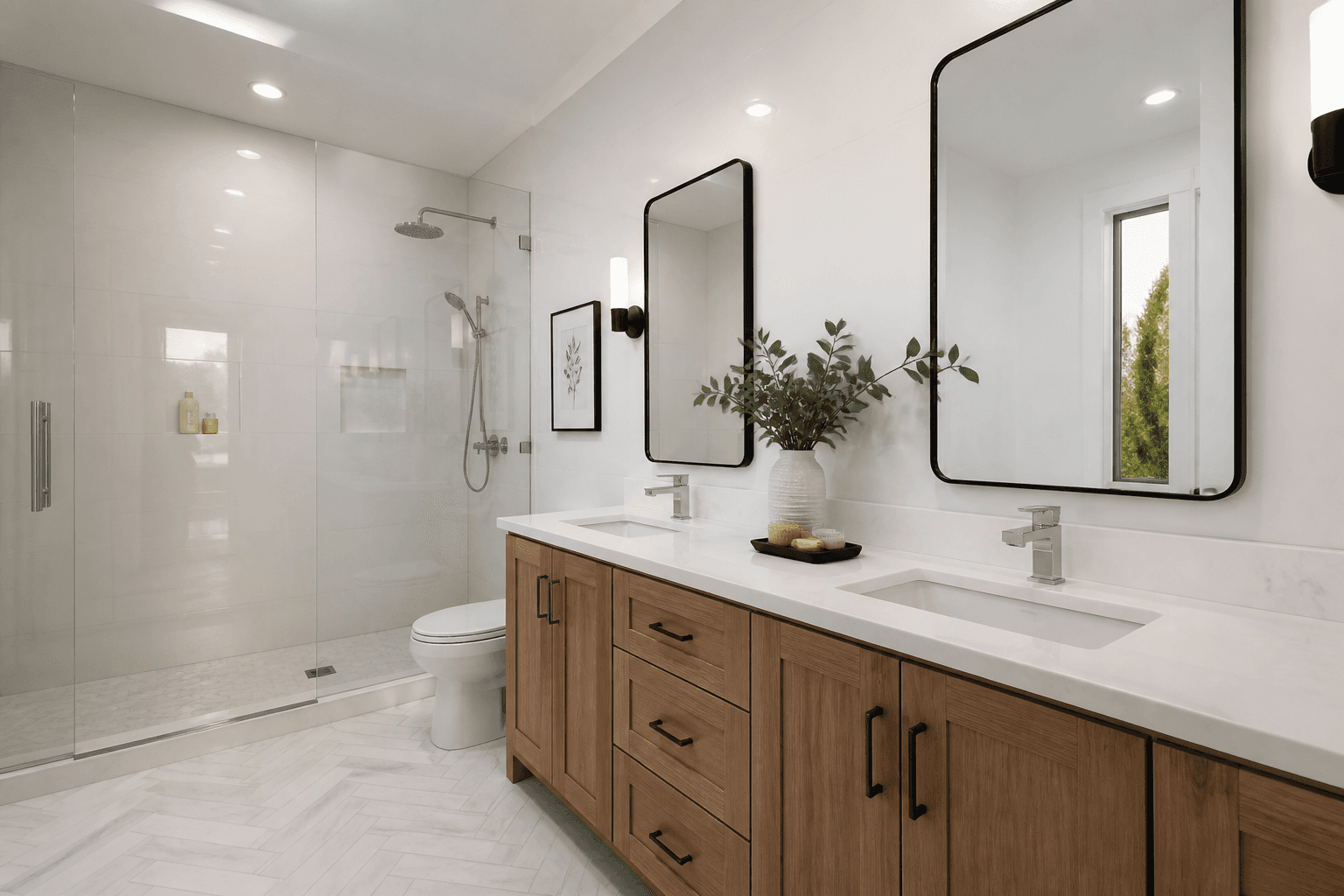 Fresh bathroom with clean tile and vanity
