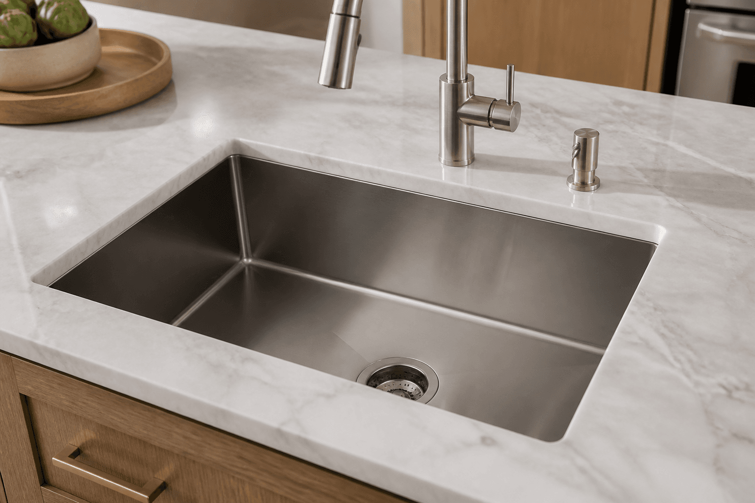 Close attention to a clean kitchen sink and counter